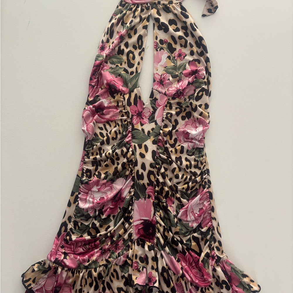 Fashion Nova Floral Leopard Halter Mini Dress in Pink and Beige